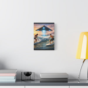 Surfing UFO Canvas Print — Beach Sunset Sci‑Fi Wall Art