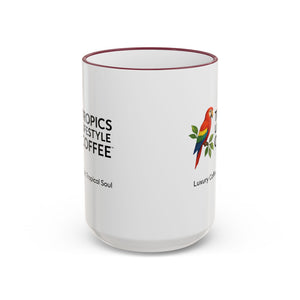 Accent Rim & Handle Coffee Mug ~ Tropics Lifestyle Coffee Parrot Logo