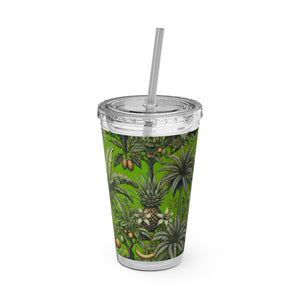 Tropical Tumbler with Straw | 16 oz: Tropical Palms & Fruit, Green