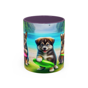 Cute Beach Puppies Playing Frisbee - Black Coffee Mug - Perfect Gift for Dog Lovers