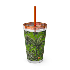 Tropical Tumbler with Straw | 16 oz: Tropical Palms & Fruit, Green