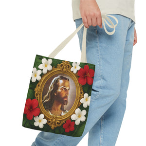 Religious Art Polyester Tote Bag, 3 Sizes / "Head of Christ" Jesus Portrait, Red Flowers