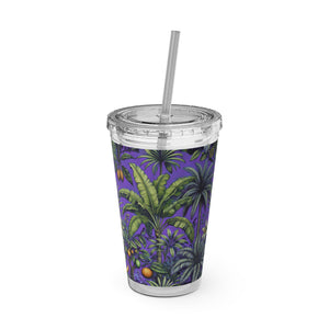 Tropical Tumbler with Straw | 16 oz: Tropical Palms & Fruit, Purple