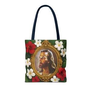 Religious Art Polyester Tote Bag, 3 Sizes / "Head of Christ" Jesus Portrait, Red Flowers
