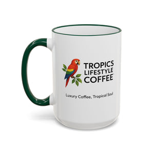 Accent Rim & Handle Coffee Mug ~ Tropics Lifestyle Coffee Parrot Logo