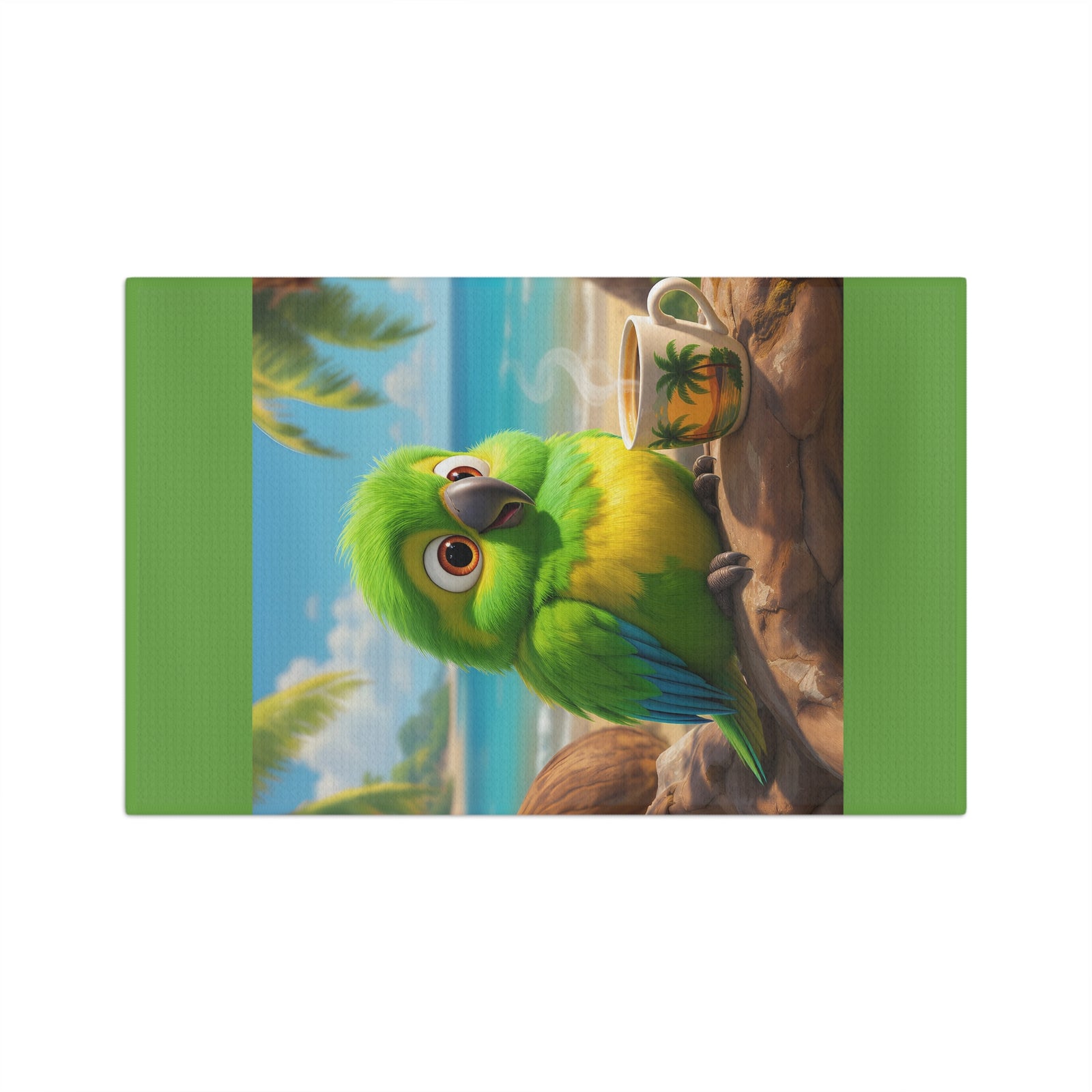 Tropical Coffee/Tea Towel — Lulu the Parrot at Beach, Green