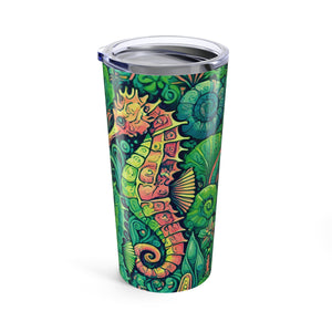 20oz Tropical Glossy Tumbler, Stainless Steel / Seahorse Trio, Lime Green
