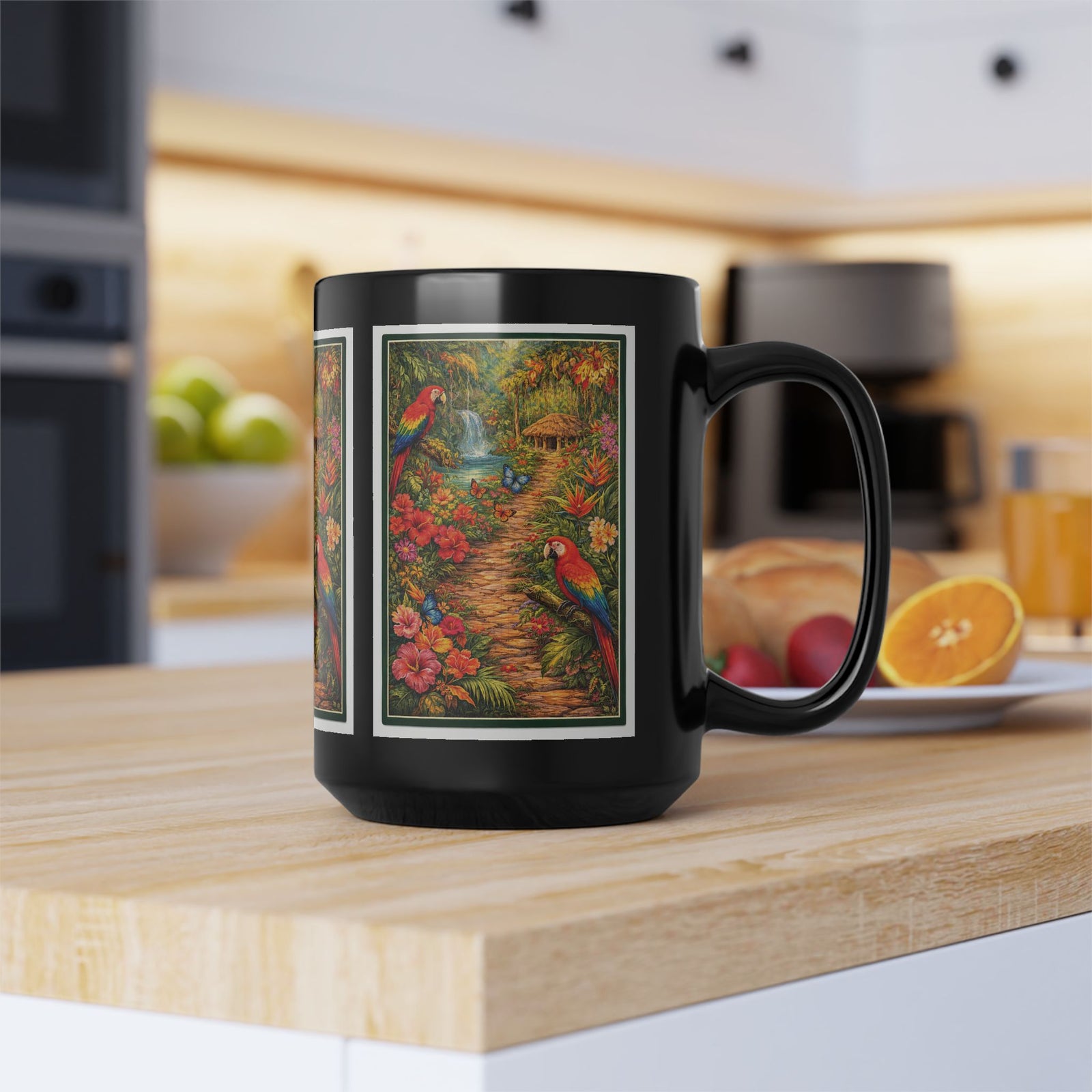 Tropical Parrot Black Mug — Colorful Jungle Scene Coffee Cup (11oz/15oz)