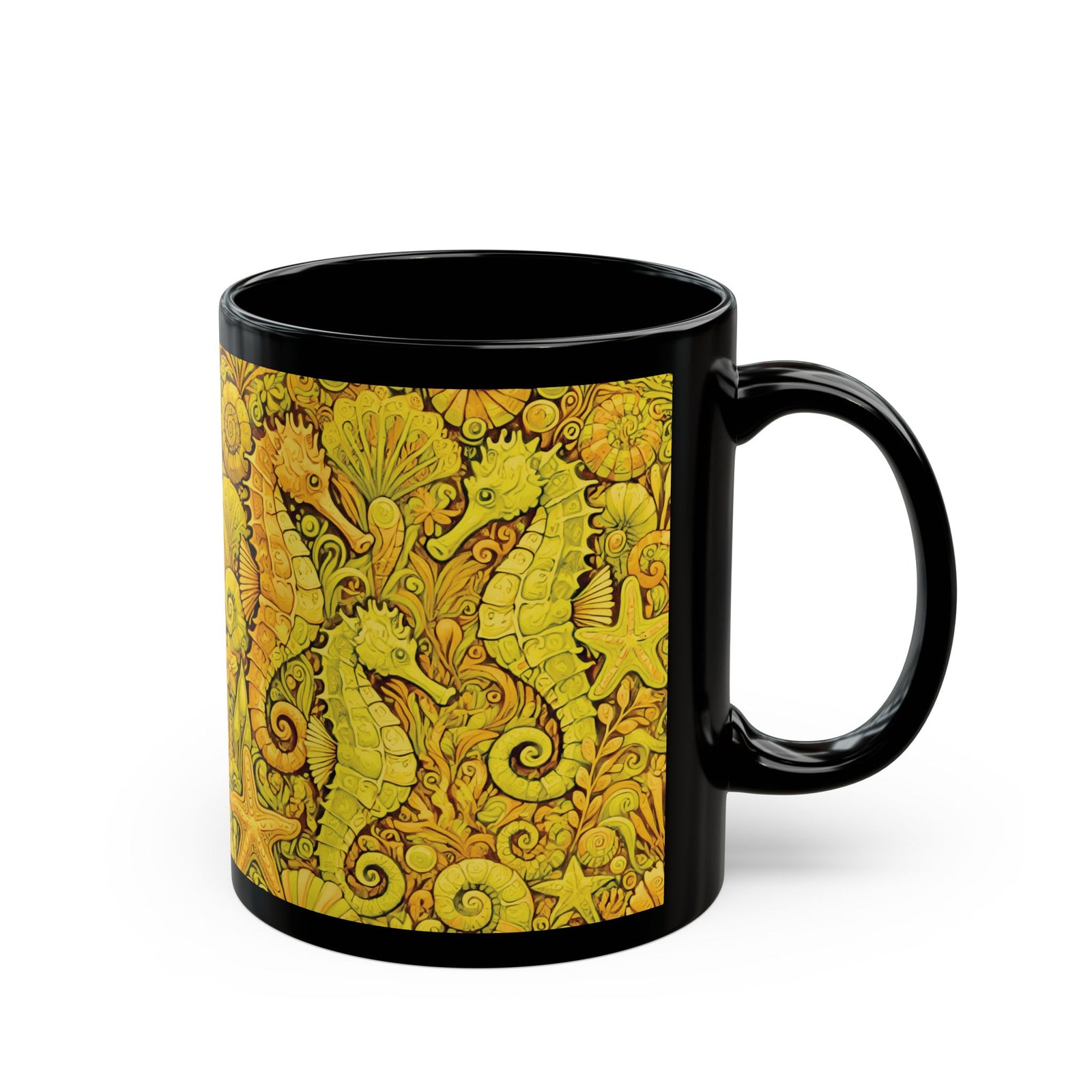 Black Coffee Mug - Seahorse Trio, Yellow