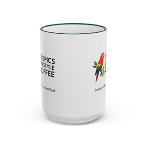Accent Rim & Handle Coffee Mug ~ Tropics Lifestyle Coffee Parrot Logo