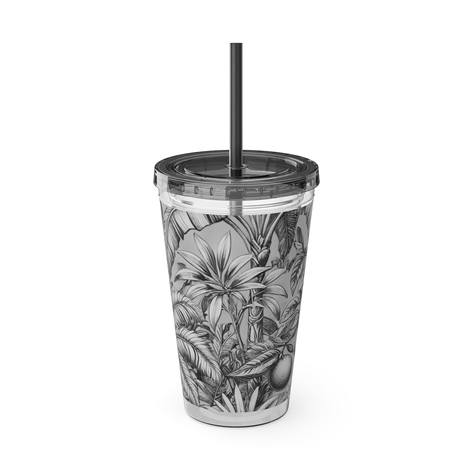 Tropical Tumbler with Straw | 16 oz: Tropical Palms & Fruit, Noir