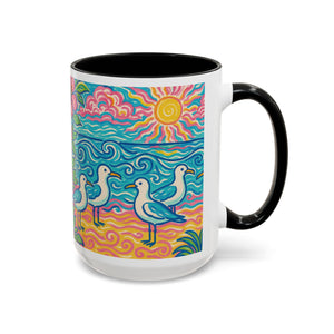 Accent Coffee Mug (11, 15oz), 8 Colors - Tropical Beach Seagulls