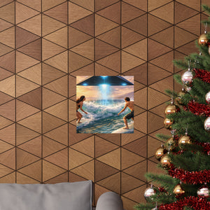 Surfing Encounter UFO Poster — Matte Vertical Sci‑Fi Beach Art Print