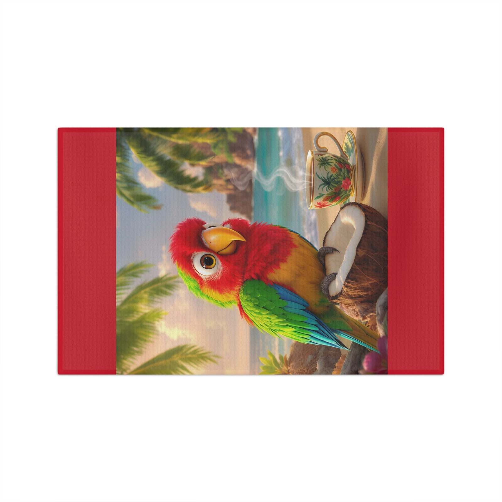 Tropical Microfiber Coffee/Tea Towel — Tiki the Parrot at Beach, V2
