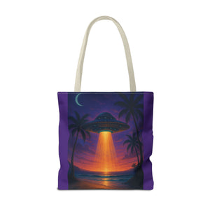 UFO at Beach Sunset Tote Bag, Purple - 3 Sizes
