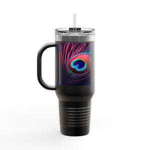 Insulated Travel Mug, 40oz / Peacock Eye Feather, Magenta - Perfect for Outdoor Adventures