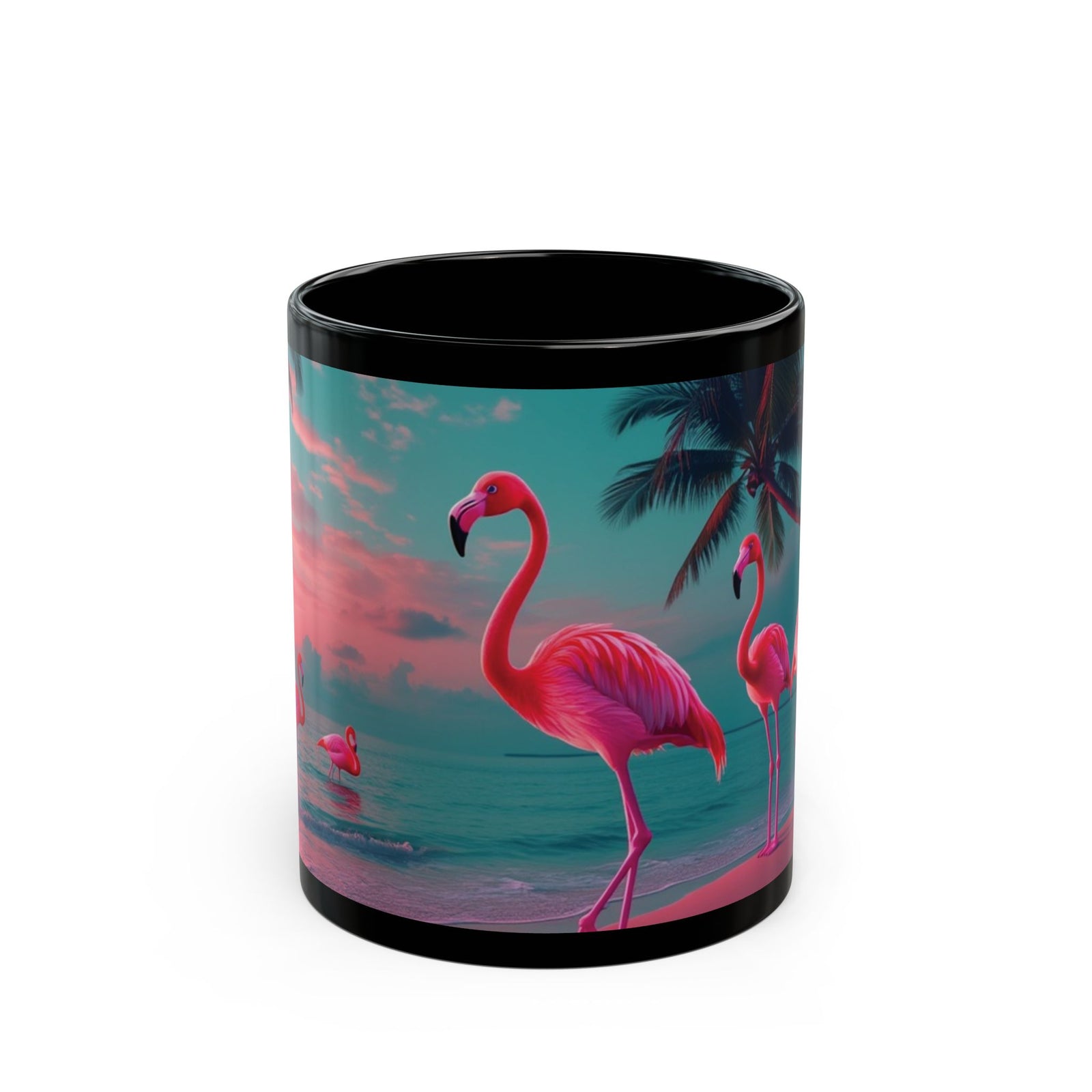 Black Coffee Mug - Neon Flamingos at Night