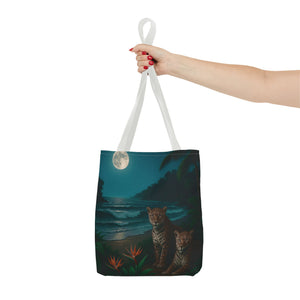 Tropical Beach & Jaguars Tote Bag, Black - 3 Sizes