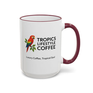 Accent Rim & Handle Coffee Mug ~ Tropics Lifestyle Coffee Parrot Logo