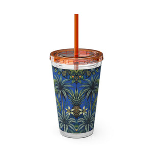 Tropical Tumbler with Straw | 16 oz: Tropical Palms & Fruit, Blue