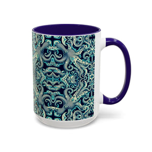 Accent Color Coffee Mug, Many Colors - 11oz & 15oz / Twisted Aqua Octopus