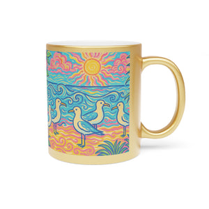 Tropical Metallic Mug, Gold or Silver - Tropical Beach Seagulls