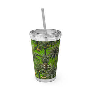 Tropical Tumbler with Straw | 16 oz: Tropical Palms & Fruit, Green