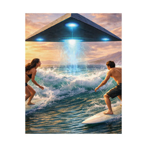 Surfing Encounter UFO Poster — Matte Vertical Sci‑Fi Beach Art Print