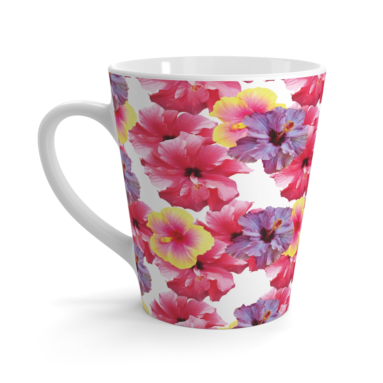 Latte White Mug - Real Hisbiscus Flowers Trio/White