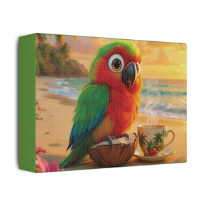 Tropical Beach Canvas - Tiki the Parrot Sunrise Wall Art, Green