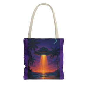 UFO at Beach Sunset Tote Bag, Purple - 3 Sizes