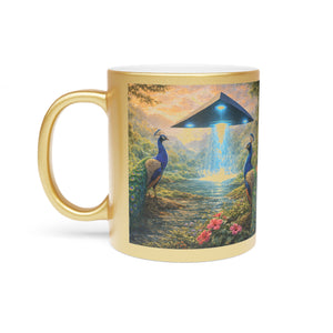 Tropical Metallic Mug, Gold or Silver - UFO & Peacocks