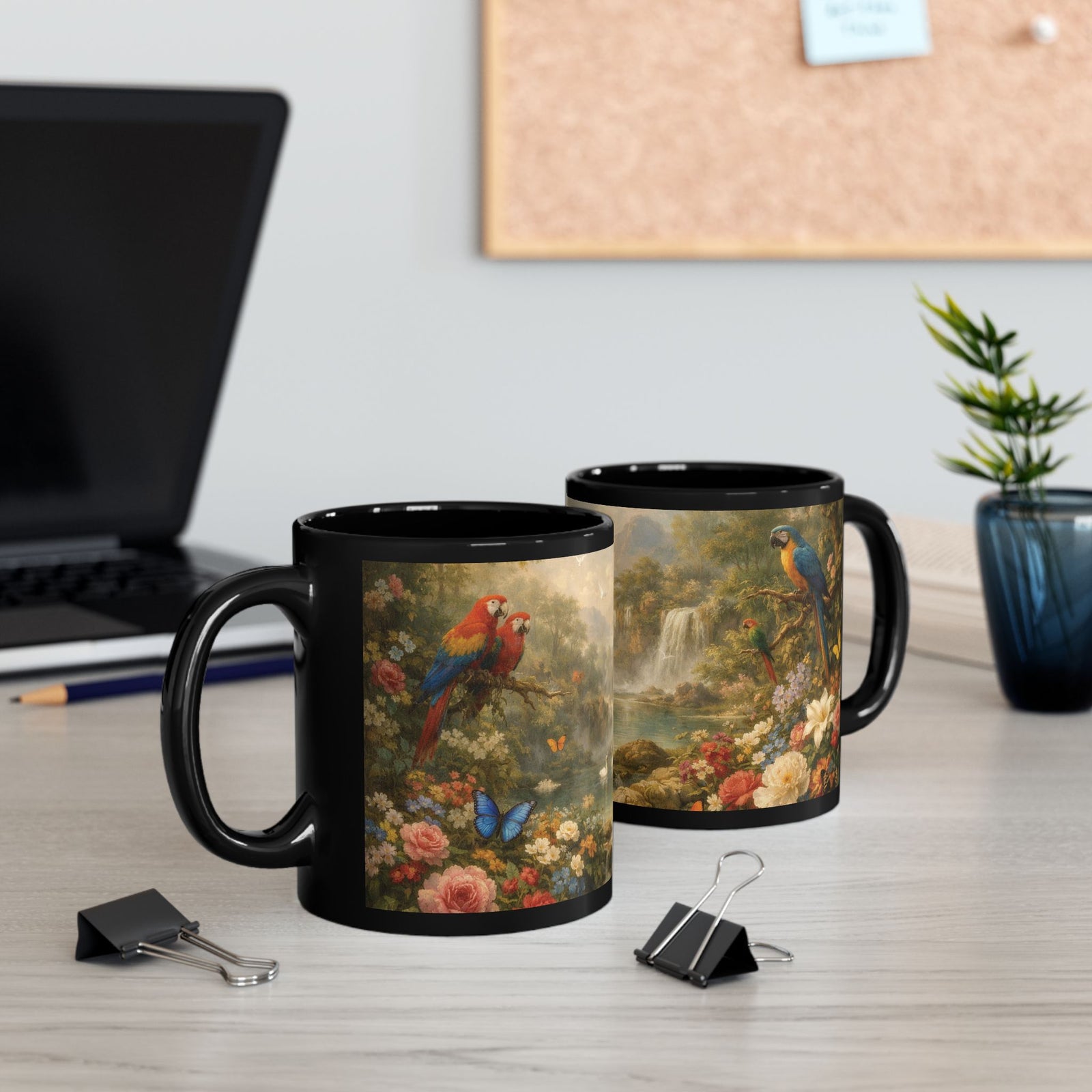 Black Ceramic Mug — Vintage Floral Rainforest Landscape, 11oz/15oz