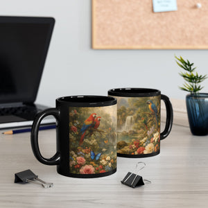 Black Ceramic Mug — Vintage Floral Rainforest Landscape, 11oz/15oz