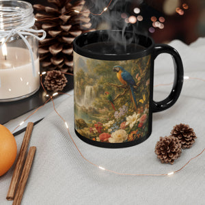 Black Ceramic Mug — Vintage Floral Rainforest Landscape, 11oz/15oz