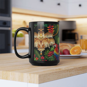Tropical Parrot Black Mug — Jungle Floral Design with Chandelier (11oz/15oz)