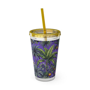 Tropical Tumbler with Straw | 16 oz: Tropical Palms & Fruit, Purple