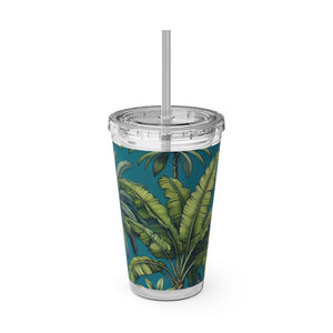 Tropical Tumbler with Straw | 16 oz: Tropical Palms & Fruit, Blue
