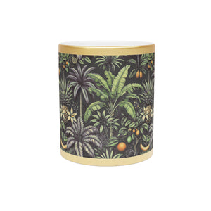 Tropical Metallic Mug, Gold or Silver - Tropical Palms & Fruit, Black