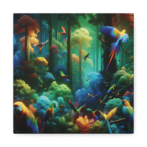 Tropical Parrots Canvas Wall Art — Vibrant Flight School Jungle Scene Matte