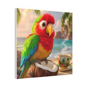 Tropical Parrot Canvas Wall Art — Colorful Beach Scene with Coffee Cup