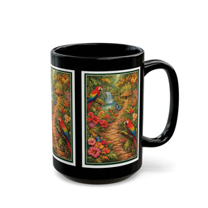 Tropical Parrot Black Mug — Colorful Jungle Scene Coffee Cup (11oz/15oz)