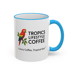 Accent Rim & Handle Coffee Mug ~ Tropics Lifestyle Coffee Parrot Logo