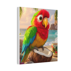 Tropical Parrot Canvas Wall Art — Colorful Beach Scene with Coffee Cup