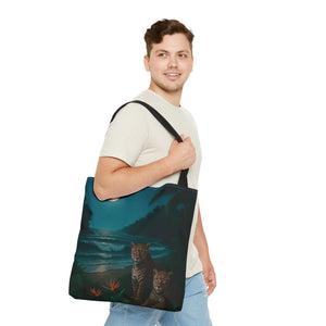 Tropical Beach & Jaguars Tote Bag, Black - 3 Sizes