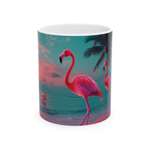 Ceramic White Mug - 11oz & 15oz, Neon Flamingos at Night