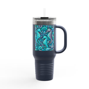 Insulated Travel Mug, 40oz / Seahorses, Turquoise - Perfect for Outdoor Adventures