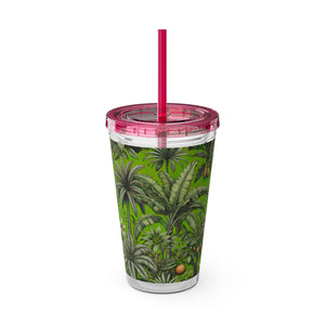 Tropical Tumbler with Straw | 16 oz: Tropical Palms & Fruit, Green