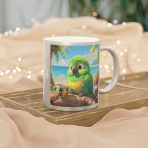 Tropical Metallic Mug, Gold or Silver - Lulu the Parrot Drinks Coffee