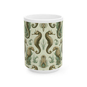 Ceramic White Mug - 11oz & 15oz, Green Toile Seahorses